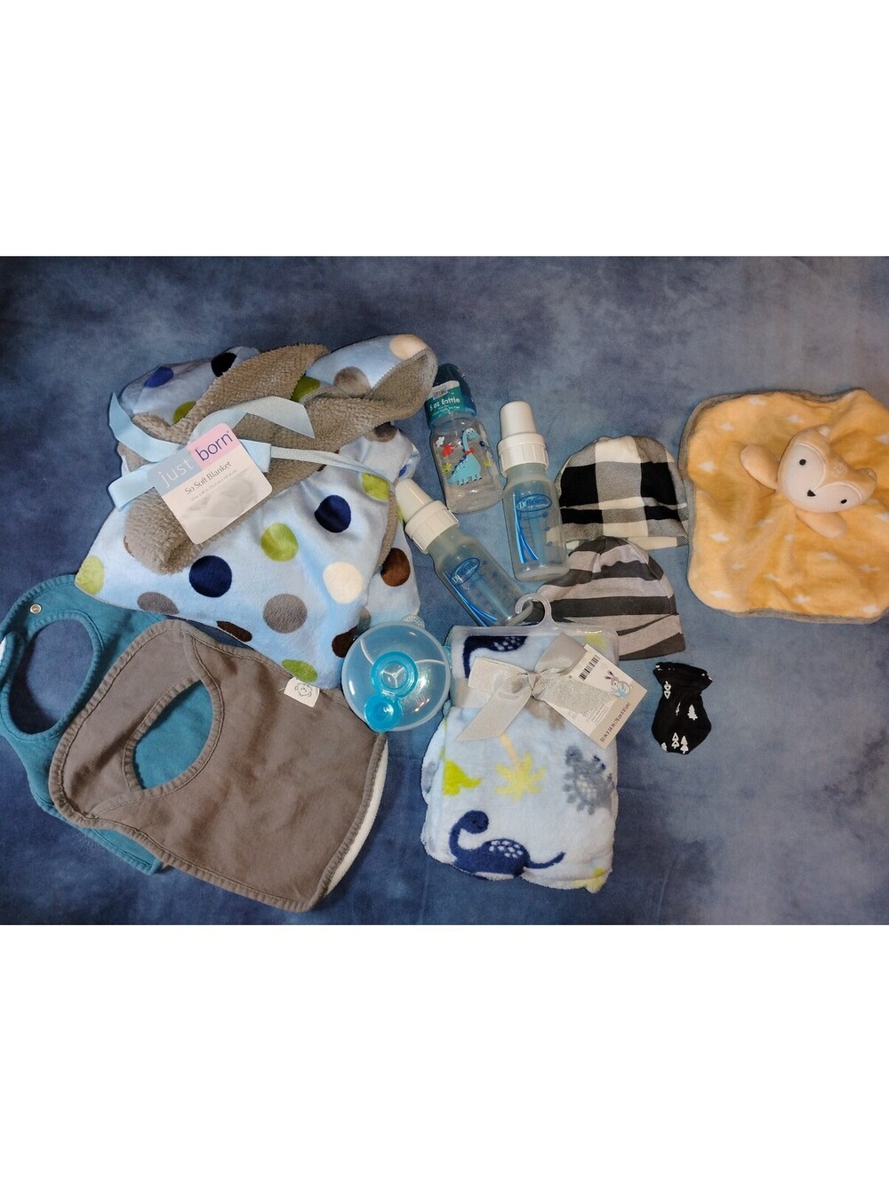 Just Born Baby Blanket, Bib, Hat, and Bottles Set